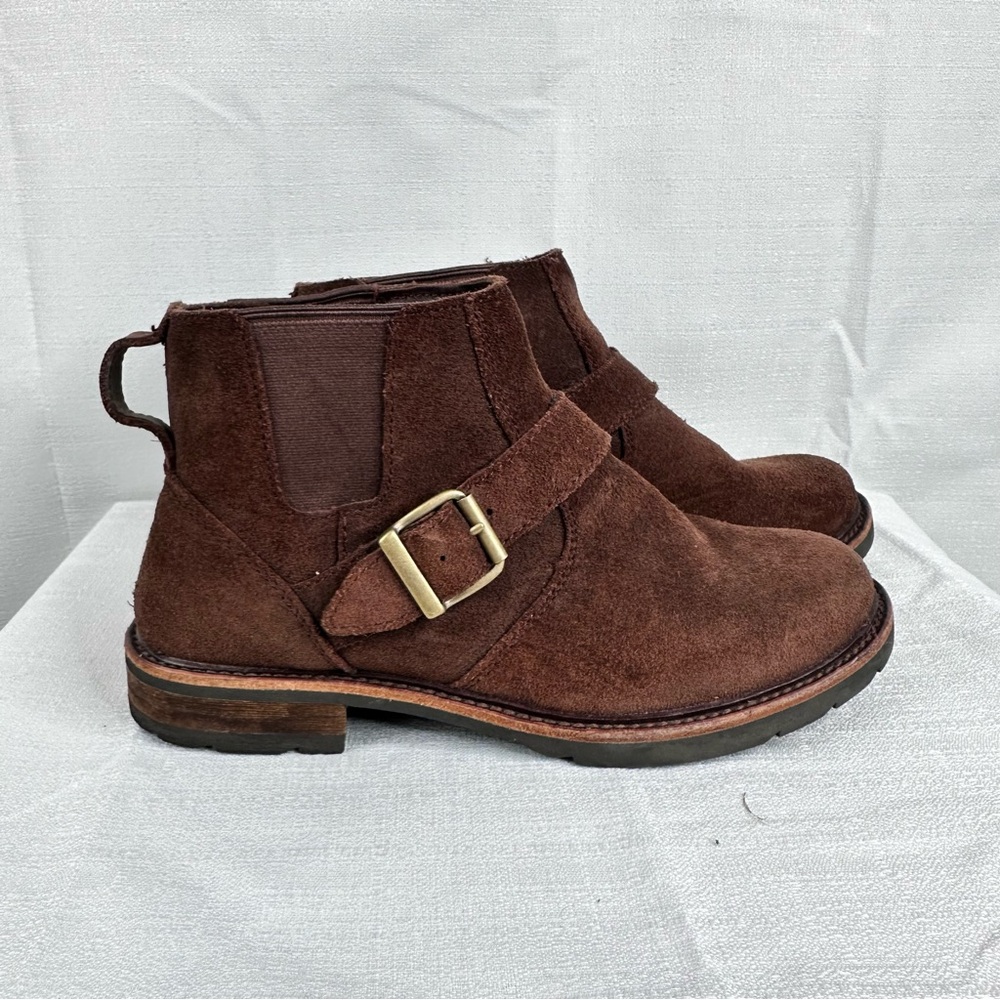 L.L. Bean chelsea boots suede leather neutral buckle detail casual outdoorsy